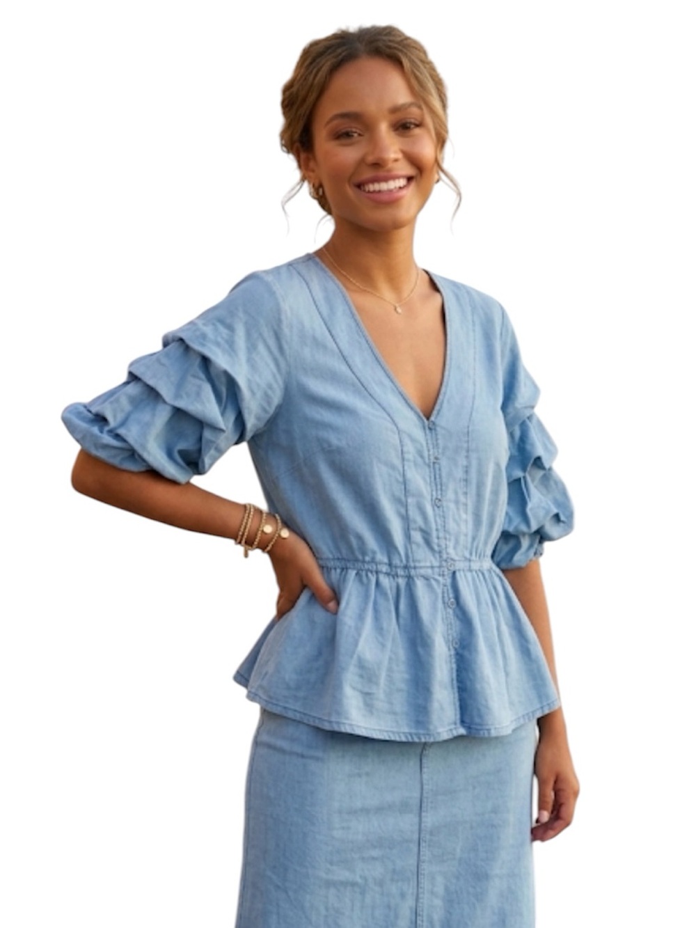 Step in Style Women Chambray Denim Shirt Puff Sleeve Size:Medium